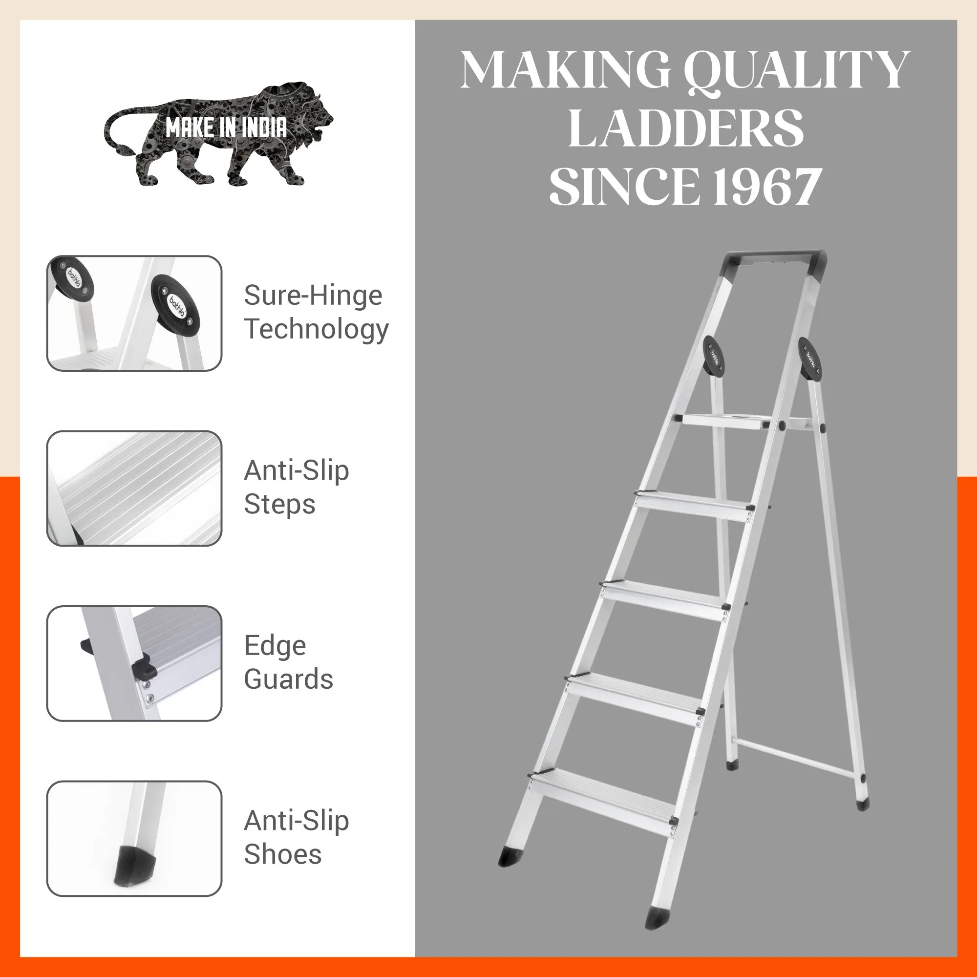 Bathla Prime 5-Step Foldable Aluminium Ladder for Home with Multi-Utility Support Handle (Black)