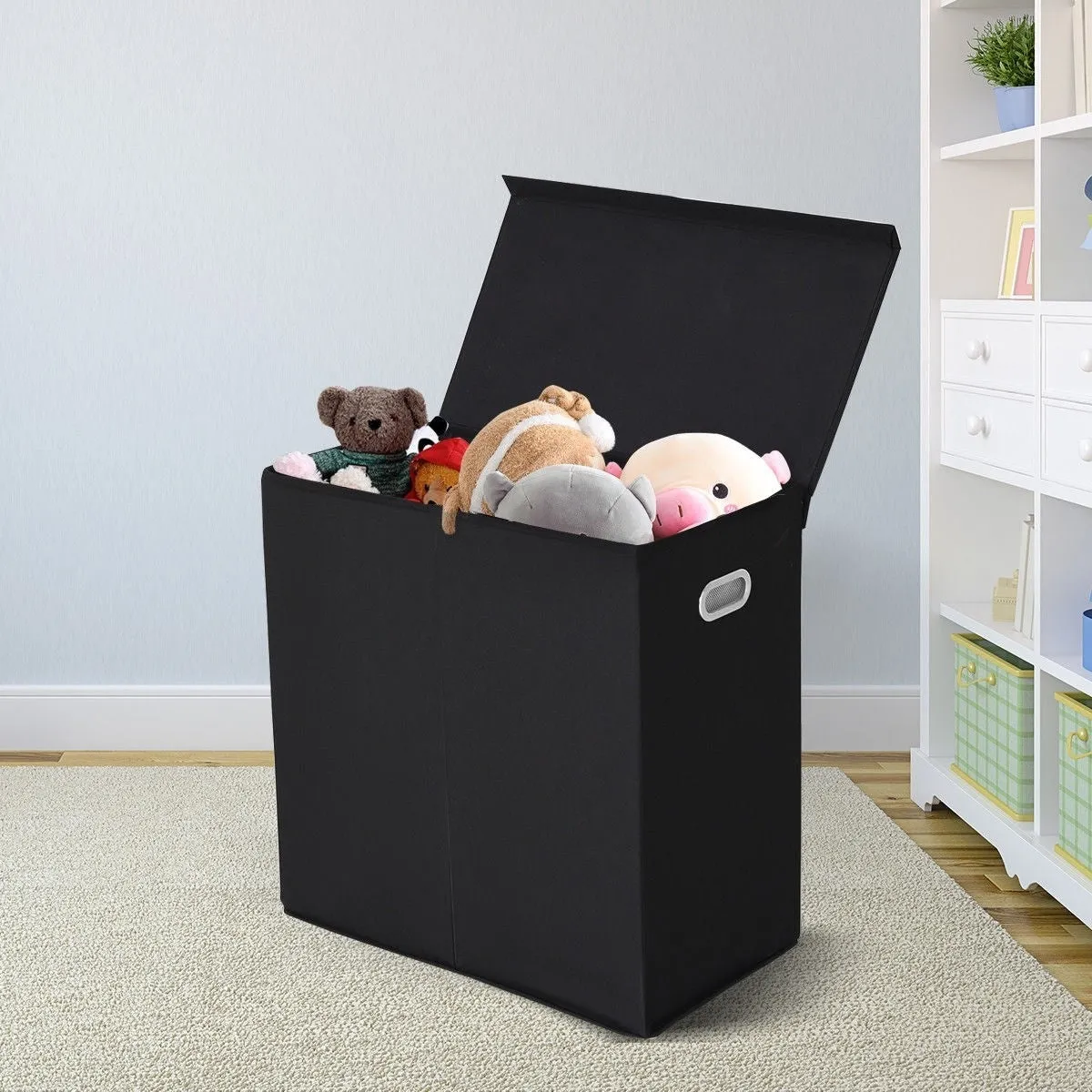 Black 2-Bin Laundry Hamper Clothes Storage Basket with Removable Bags
