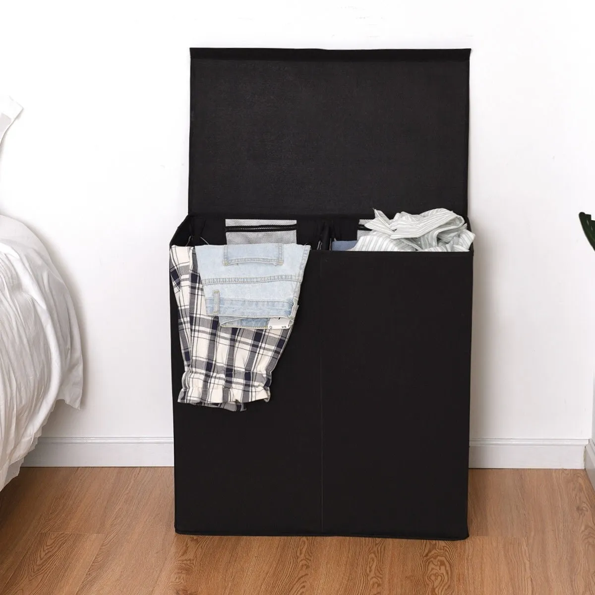 Black 2-Bin Laundry Hamper Clothes Storage Basket with Removable Bags