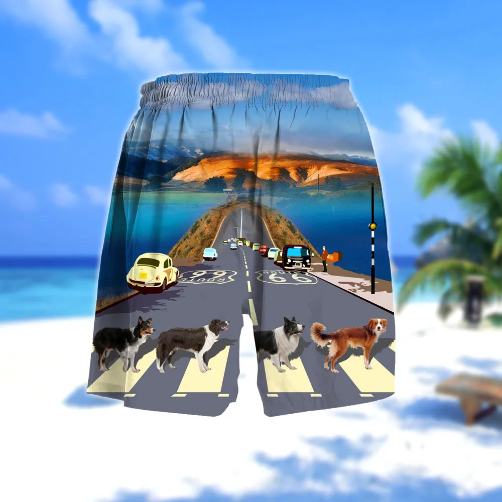 Border Collie Cross the road- Men Hawaii Beach Shorts