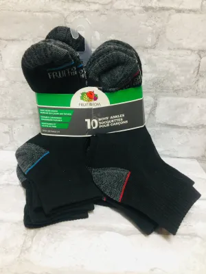 Brand new Youth Boys Fruit of the Loom Ankle Socks, 10 Packs, shoe size 3-9!