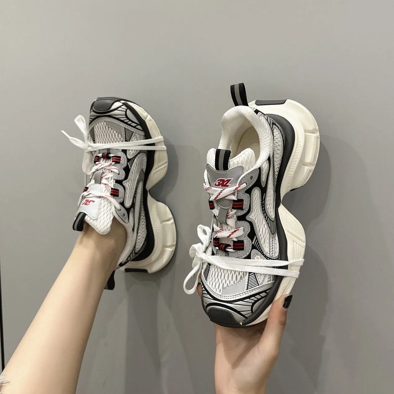 creamtopmall Stylish Black, White, Pink, Grey Mesh Sneakers for Women, Breathable Point Toe Shoes, Sport Athletic Running Shoes, Tie Lace Up Dad Shoes