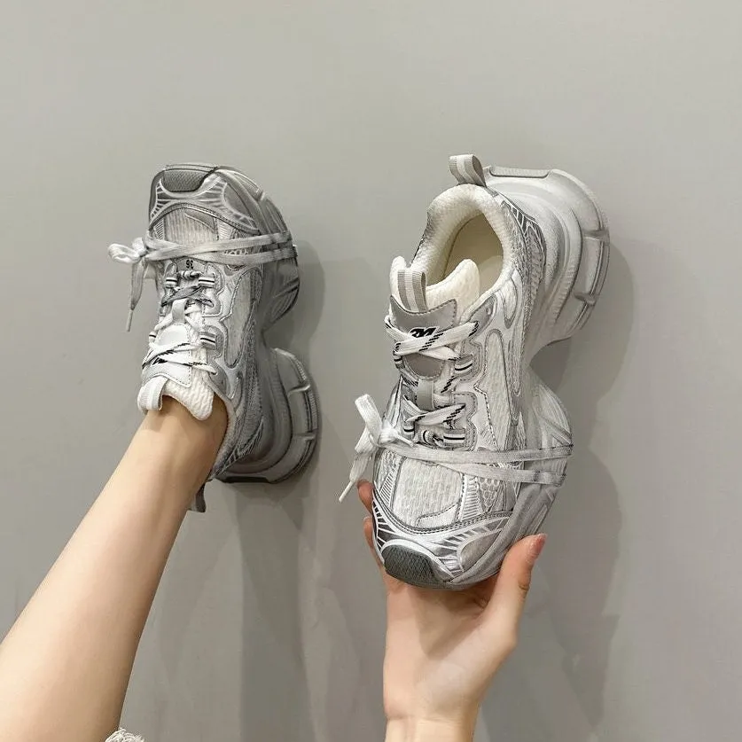 creamtopmall Stylish Black, White, Pink, Grey Mesh Sneakers for Women, Breathable Point Toe Shoes, Sport Athletic Running Shoes, Tie Lace Up Dad Shoes