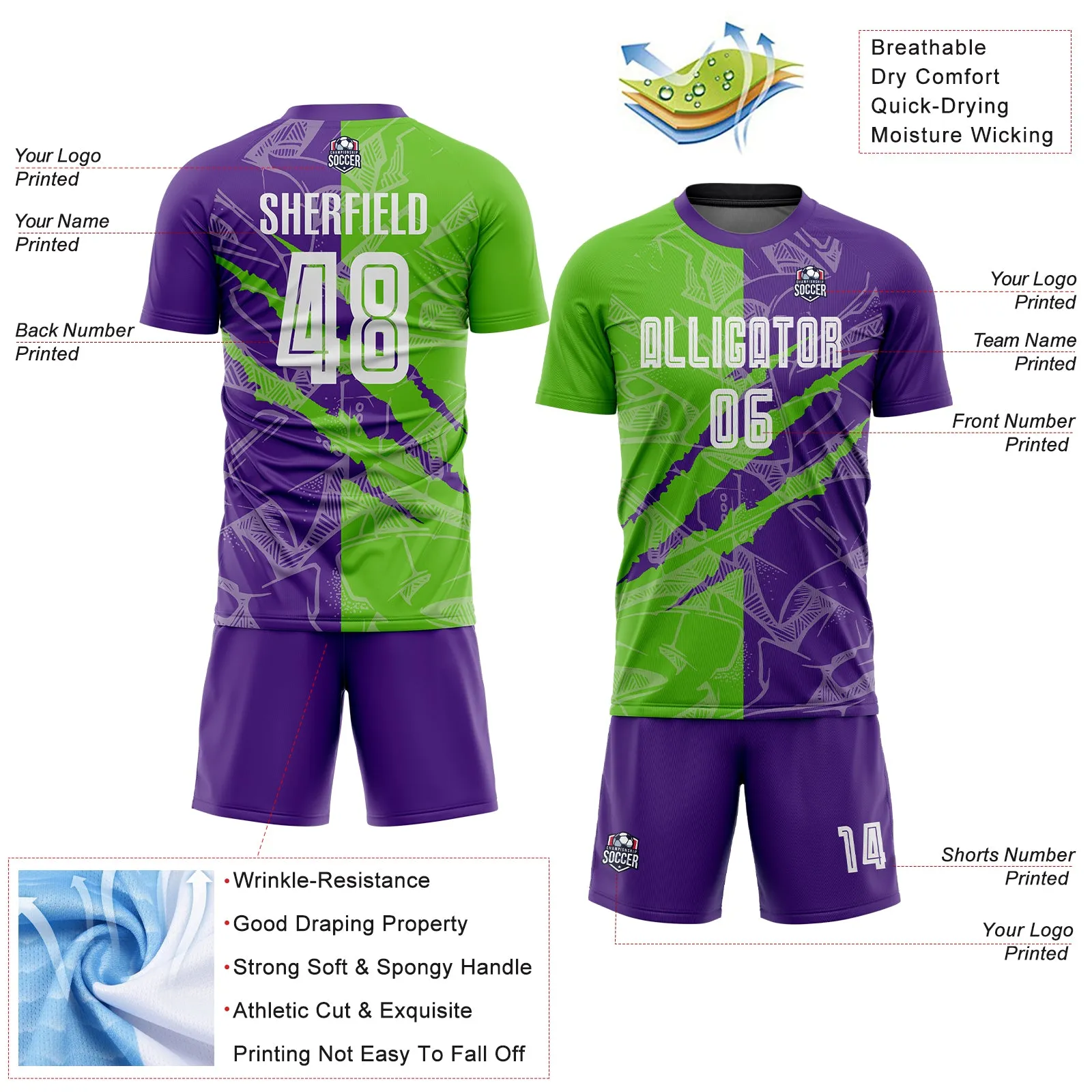 Custom Graffiti Pattern Aurora Green-Purple Scratch Sublimation Soccer Uniform Jersey