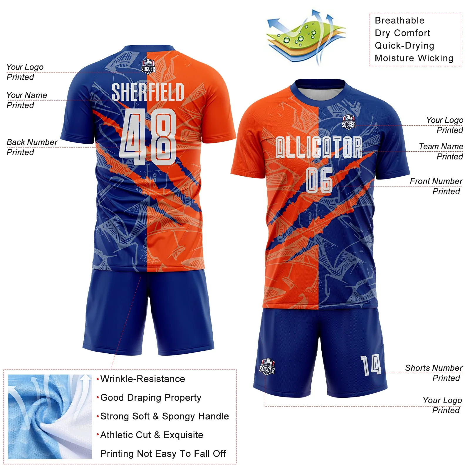 Custom Graffiti Pattern Royal-Orange Scratch Sublimation Soccer Uniform Jersey
