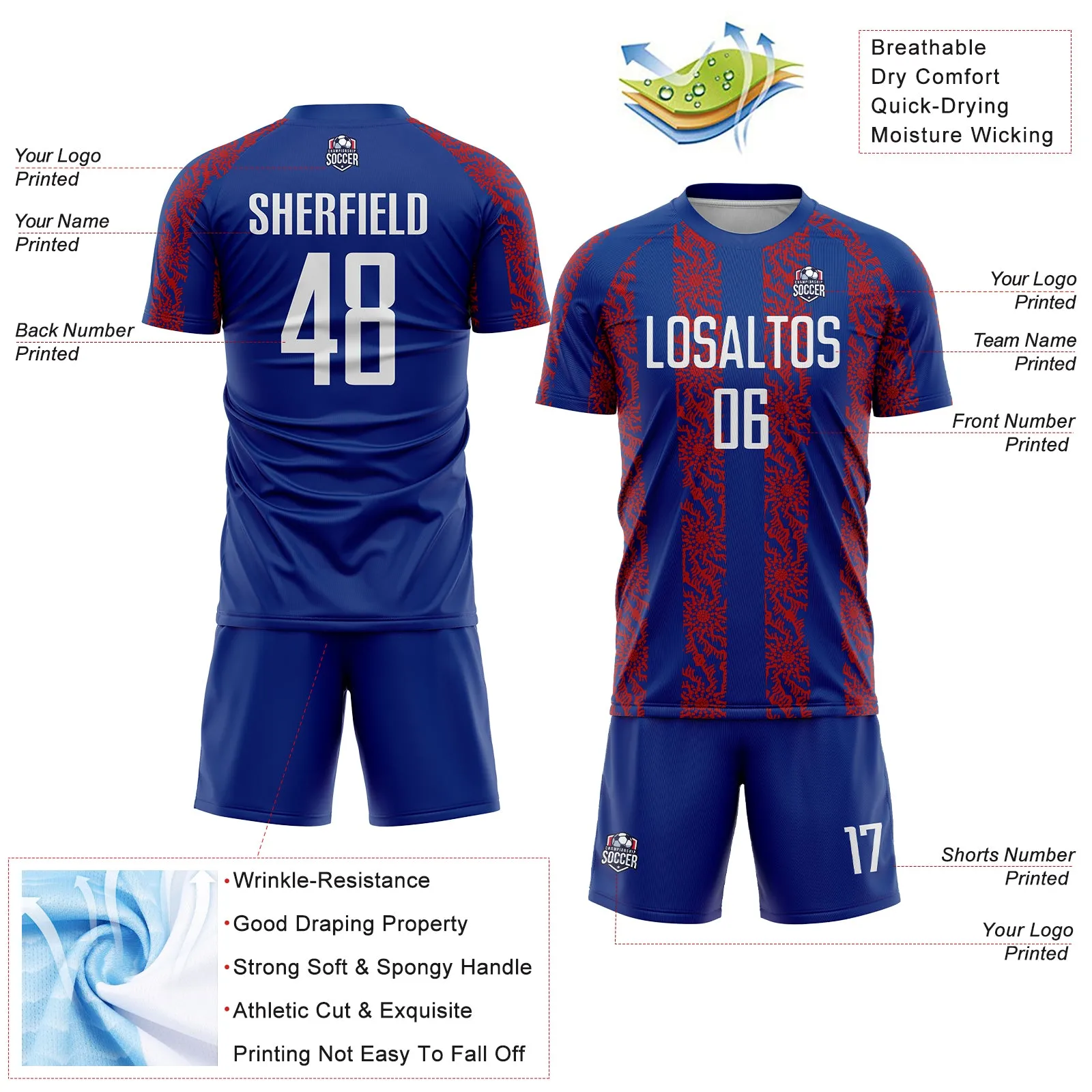 Custom Royal White-Red Abstract Shape Sublimation Soccer Uniform Jersey