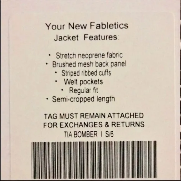 Fabletics Mash Bomber Jacket Small Black White New Womens