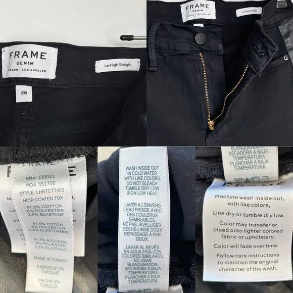 Frame Denim Le High Rise Straight Black Noir Coated Tuxedo Side Stripe Jeans 26