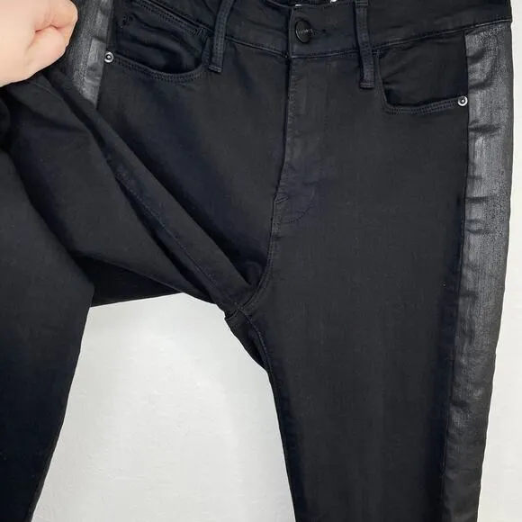 Frame Denim Le High Rise Straight Black Noir Coated Tuxedo Side Stripe Jeans 26