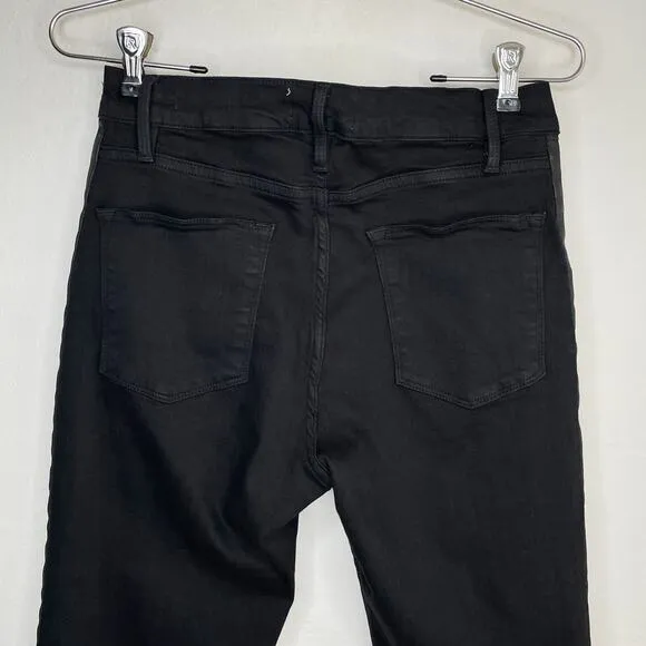 Frame Denim Le High Rise Straight Black Noir Coated Tuxedo Side Stripe Jeans 26