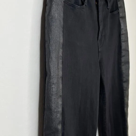 Frame Denim Le High Rise Straight Black Noir Coated Tuxedo Side Stripe Jeans 26