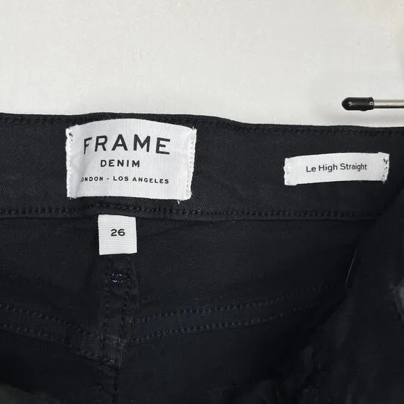 Frame Denim Le High Rise Straight Black Noir Coated Tuxedo Side Stripe Jeans 26