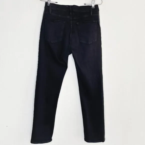 Frame Denim Le High Rise Straight Black Noir Coated Tuxedo Side Stripe Jeans 26