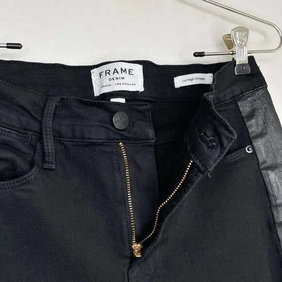 Frame Denim Le High Rise Straight Black Noir Coated Tuxedo Side Stripe Jeans 26