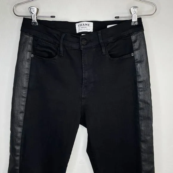 Frame Denim Le High Rise Straight Black Noir Coated Tuxedo Side Stripe Jeans 26