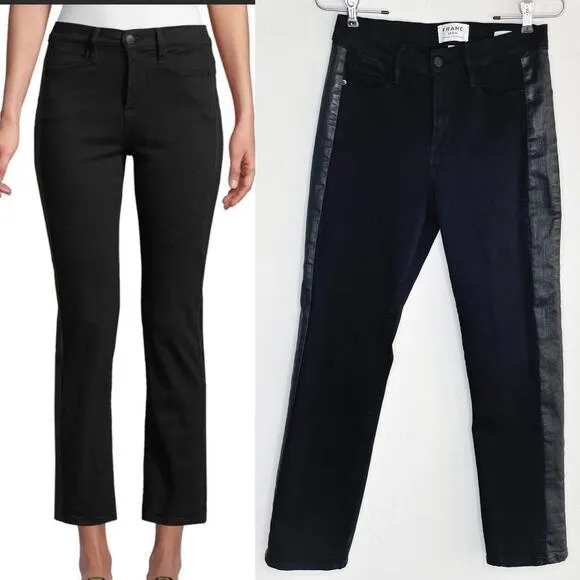 Frame Denim Le High Rise Straight Black Noir Coated Tuxedo Side Stripe Jeans 26