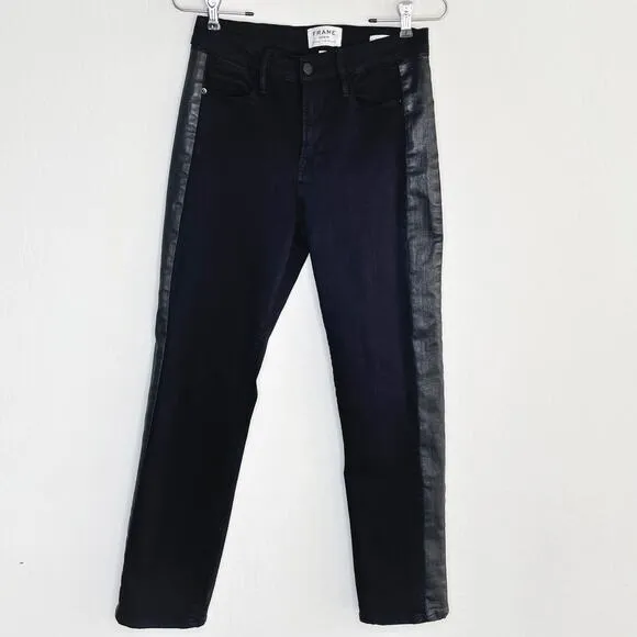 Frame Denim Le High Rise Straight Black Noir Coated Tuxedo Side Stripe Jeans 26