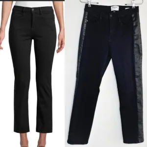 Frame Denim Le High Rise Straight Black Noir Coated Tuxedo Side Stripe Jeans 26
