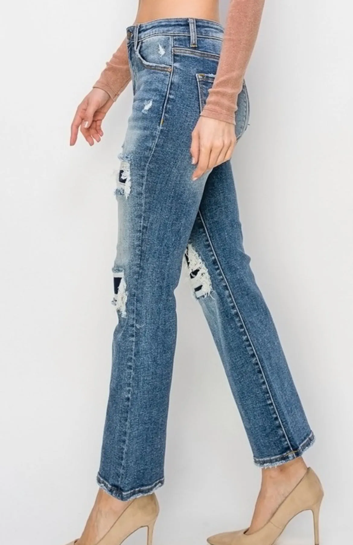 High Rise Patched Ankle Flares