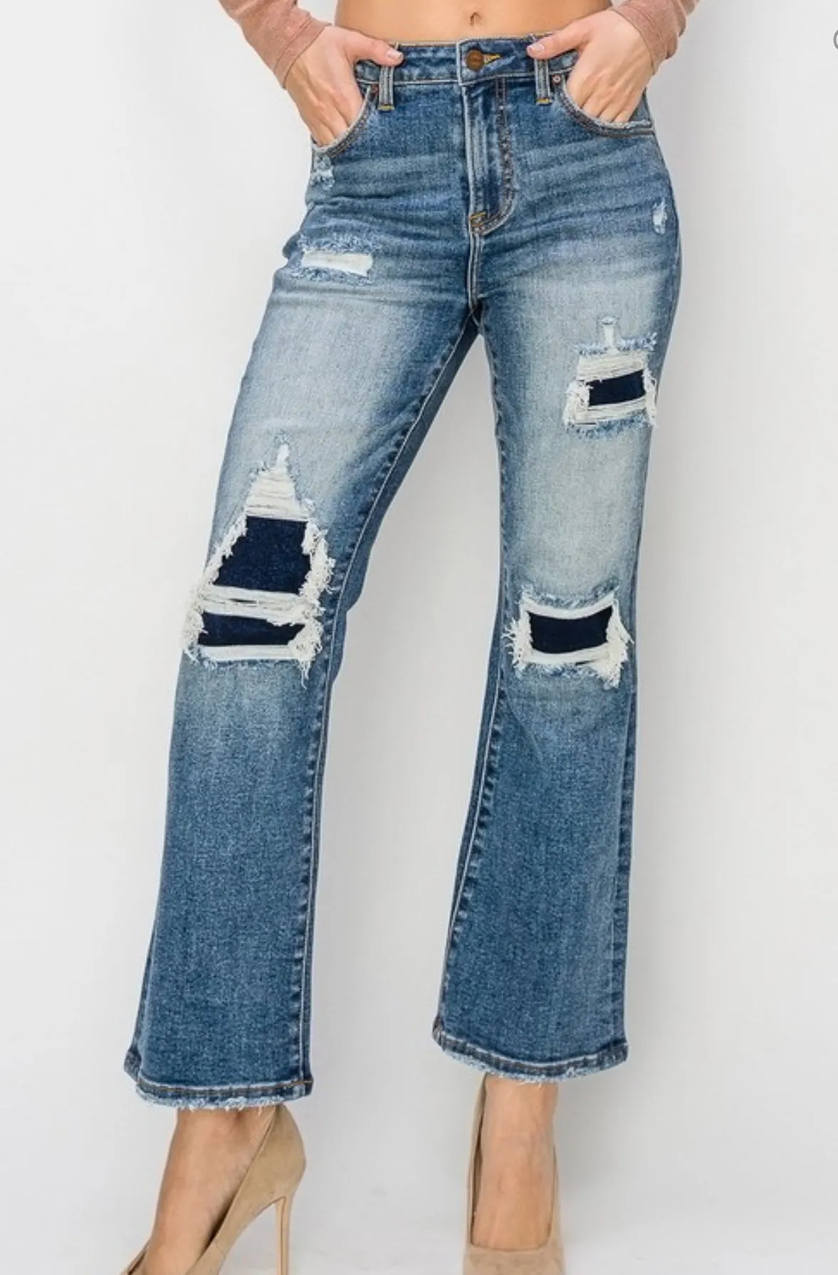 High Rise Patched Ankle Flares