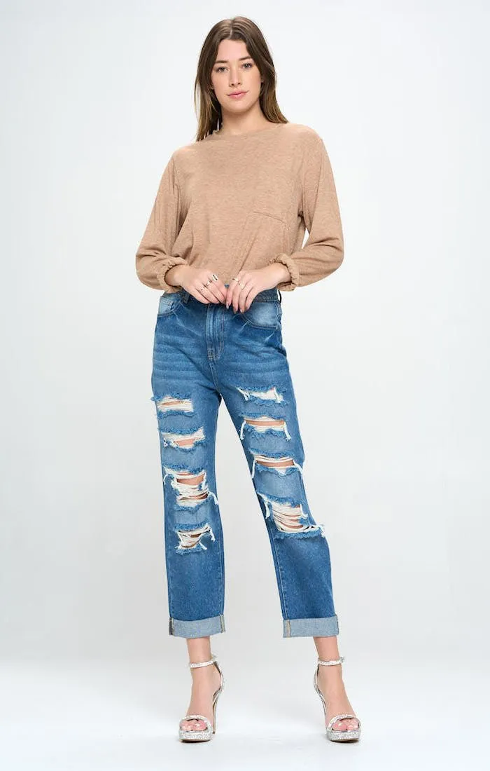 HIGH RISE RIPPED BOYFRIEND JEANS