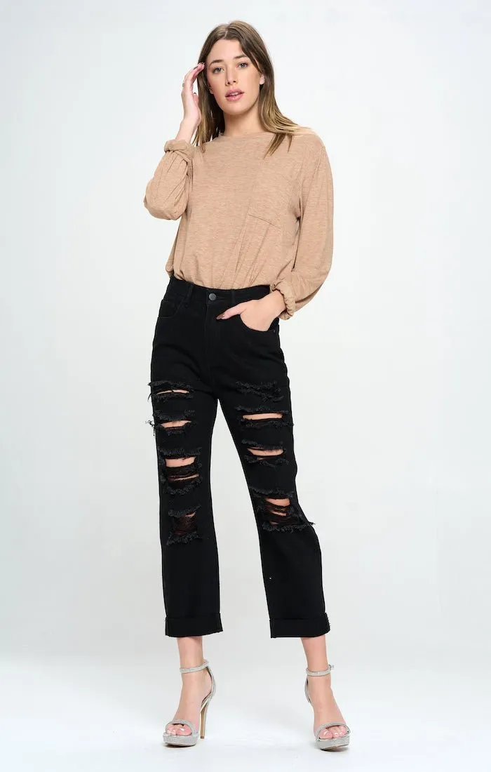 HIGH RISE RIPPED BOYFRIEND JEANS