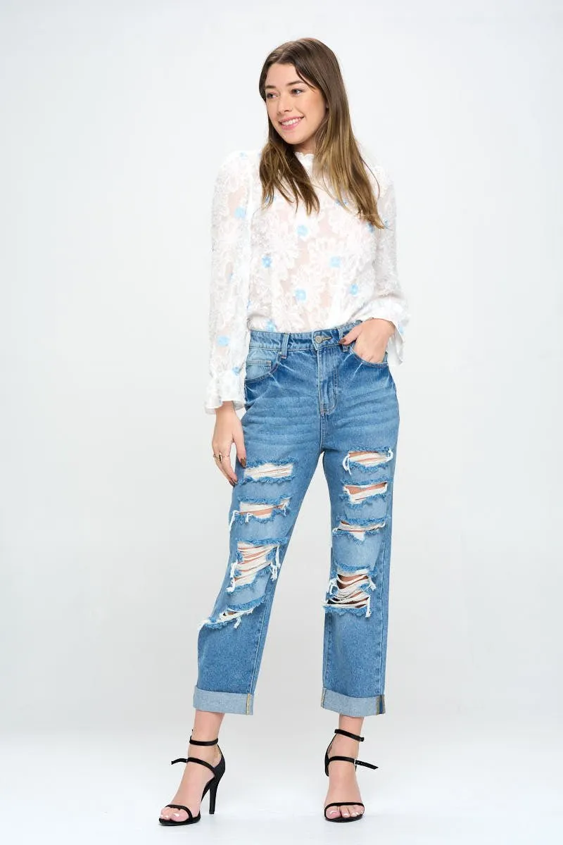 HIGH RISE RIPPED BOYFRIEND JEANS