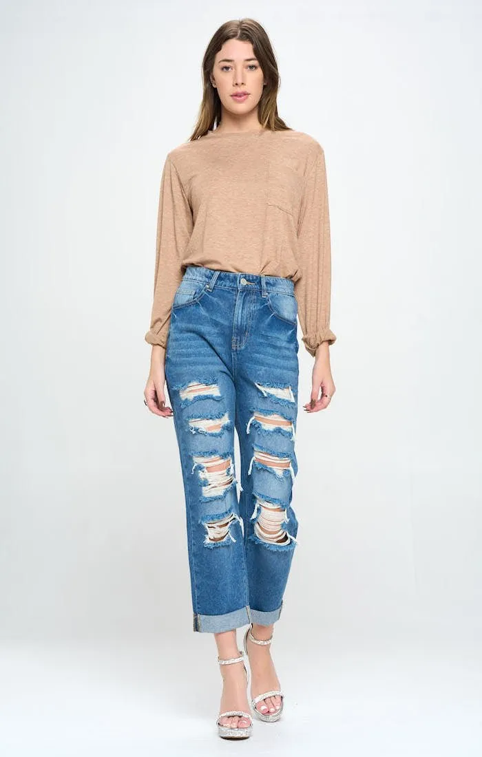 HIGH RISE RIPPED BOYFRIEND JEANS
