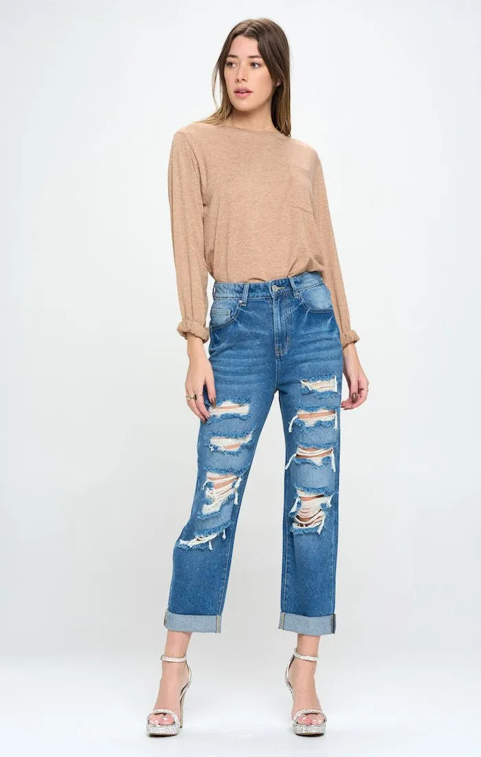 HIGH RISE RIPPED BOYFRIEND JEANS