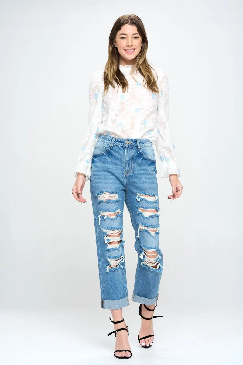 HIGH RISE RIPPED BOYFRIEND JEANS