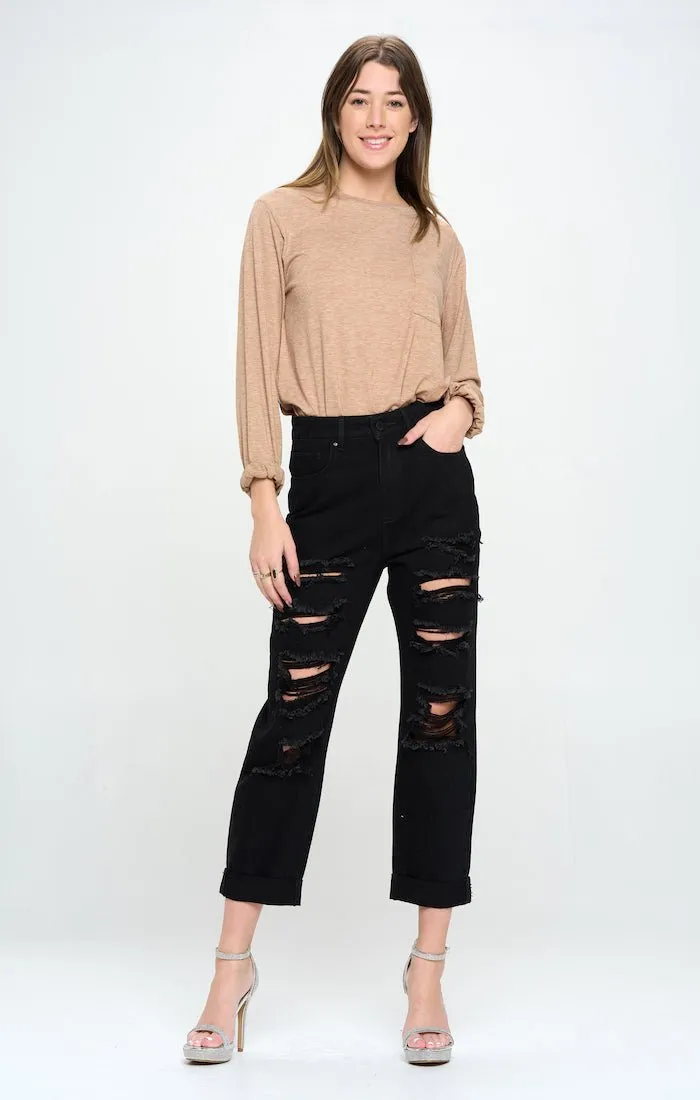 HIGH RISE RIPPED BOYFRIEND JEANS