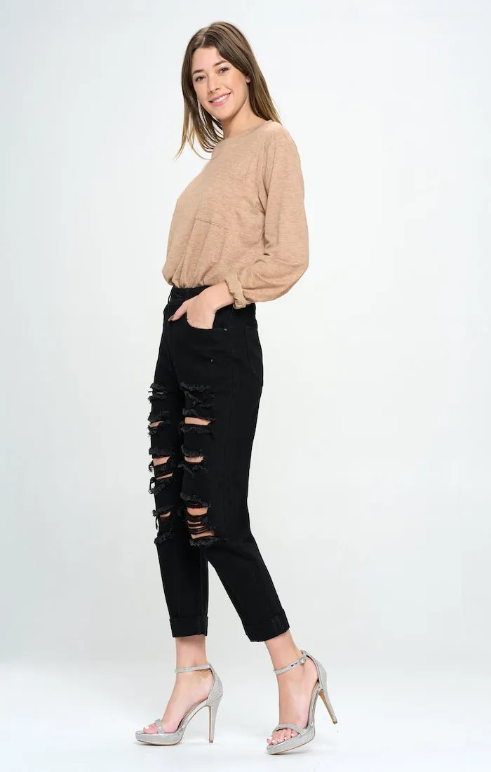 HIGH RISE RIPPED BOYFRIEND JEANS