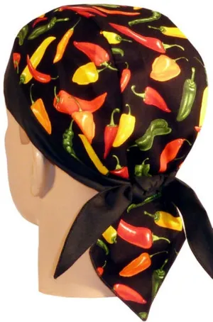Hot Peppers Doo Rag Chef Bandana w/ Sweatband, Made in America, Motorcycle Skull Cap