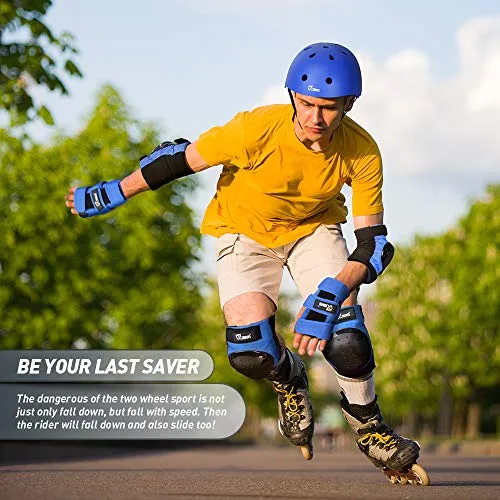 JBM international Adult / Child Knee Pads Elbow Pads Wrist Guards 3 In 1 Protective Gear Set, Blue, Youth / Child