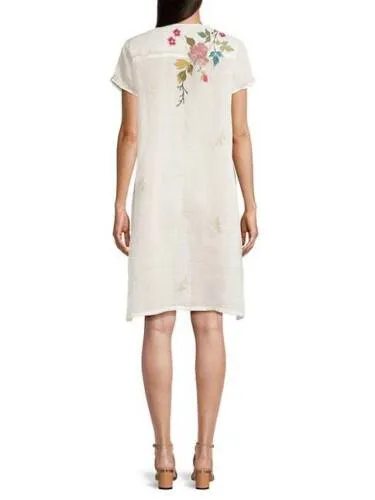 Johnny Was Adele Drape Tunic Dress Floral Embroid Flowers White Ramie New
