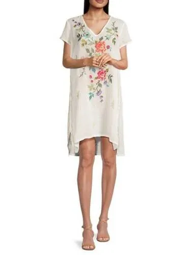 Johnny Was Adele Drape Tunic Dress Floral Embroid Flowers White Ramie New