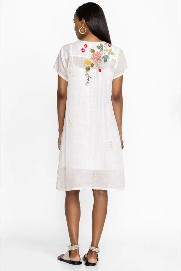Johnny Was Adele Drape Tunic Dress Floral Embroid Flowers White Ramie New
