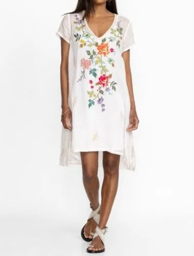 Johnny Was Adele Drape Tunic Dress Floral Embroid Flowers White Ramie New