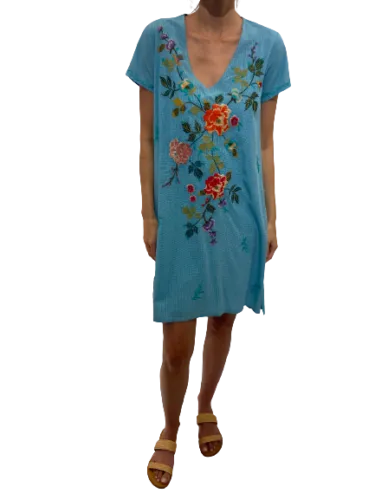 Johnny Was Adele Drape Tunic Dress Floral Embroid Flowers White Ramie New