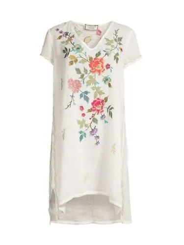 Johnny Was Adele Drape Tunic Dress Floral Embroid Flowers White Ramie New