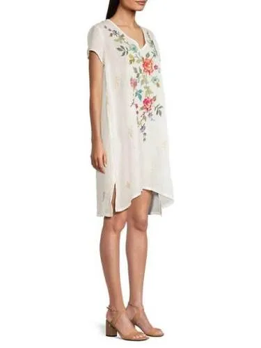 Johnny Was Adele Drape Tunic Dress Floral Embroid Flowers White Ramie New