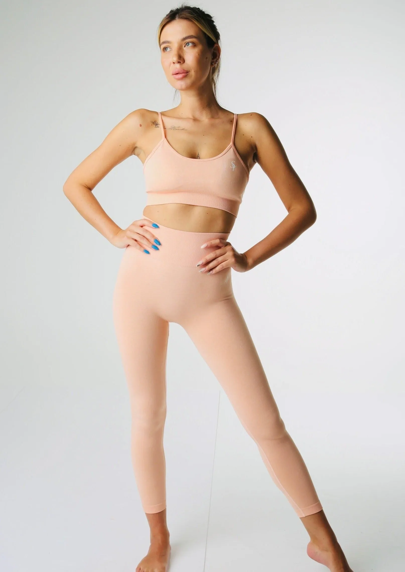 ''Joy'' Neighborly Peach – Solid Leggings and Sports Bra Set