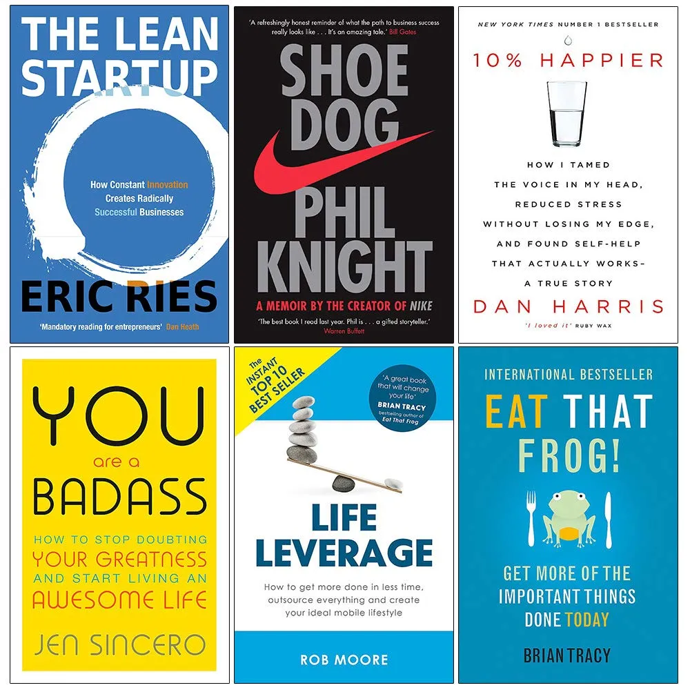Lean Startup, Shoe Dog, 10% Happier, You Are a Badass, Life Leverage, Eat That Frog 6 Books Collection Set