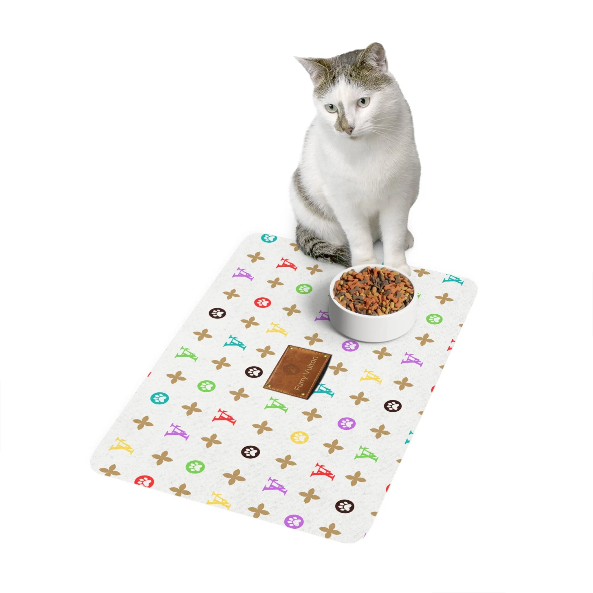 Light Furry Vuiton Faux-Designer Pet Food Mat