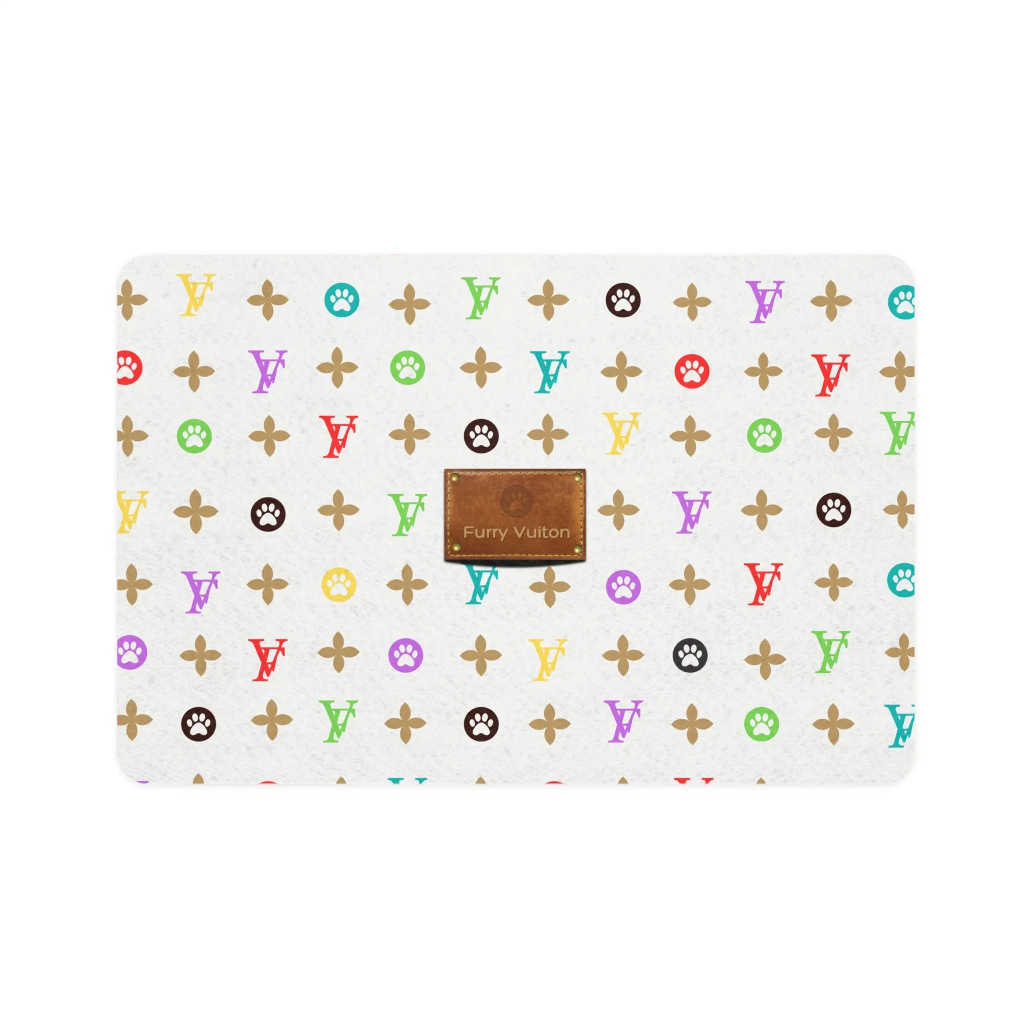 Light Furry Vuiton Faux-Designer Pet Food Mat