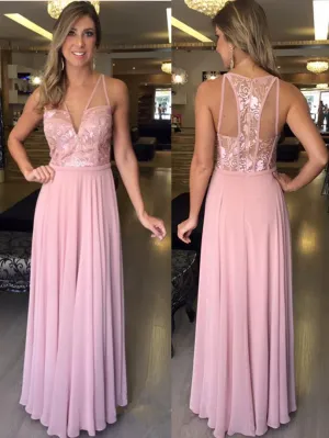 Long Chiffon Pink A-Line Prom Dresses Evening Dress