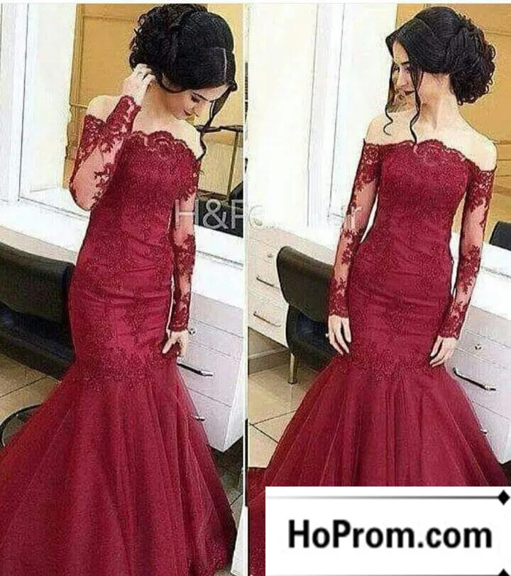 Long Sleeve Burgundy Lace Prom Dresses Evening Dress
