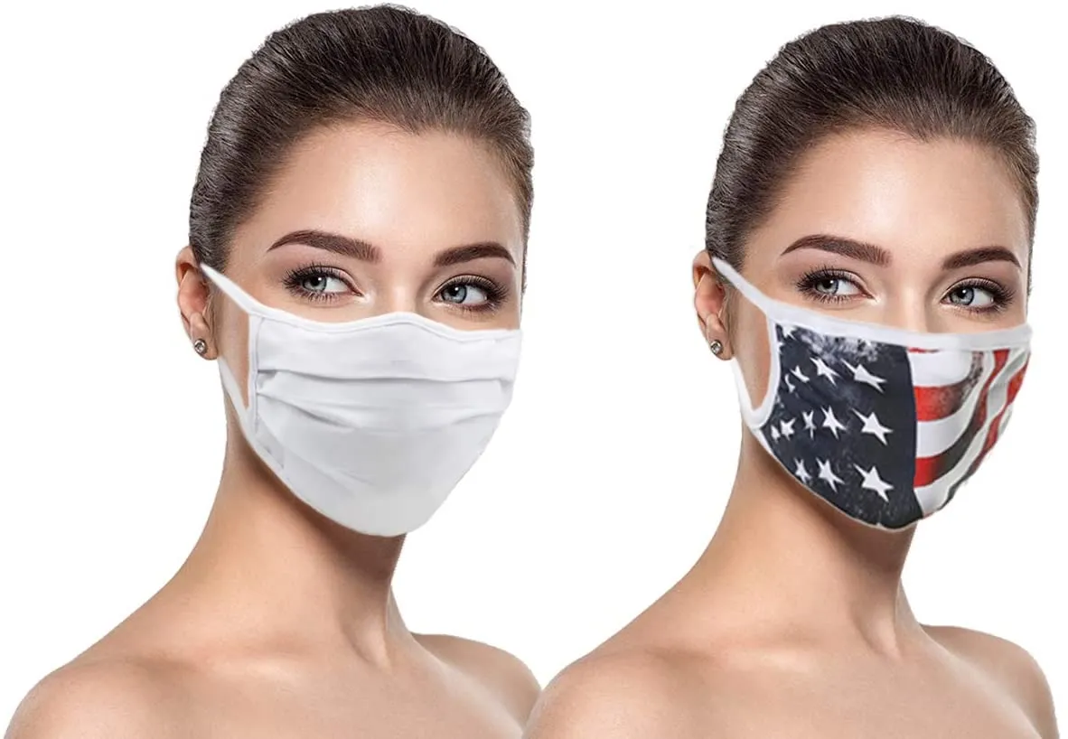Made in USA (3 White), 1 US Flag (Made in Guatemala), Washable Reusable Cloth Face Mask Protection Double Layer Covering (in Stock 2-5 Days DELIVERY) - 4 Pack