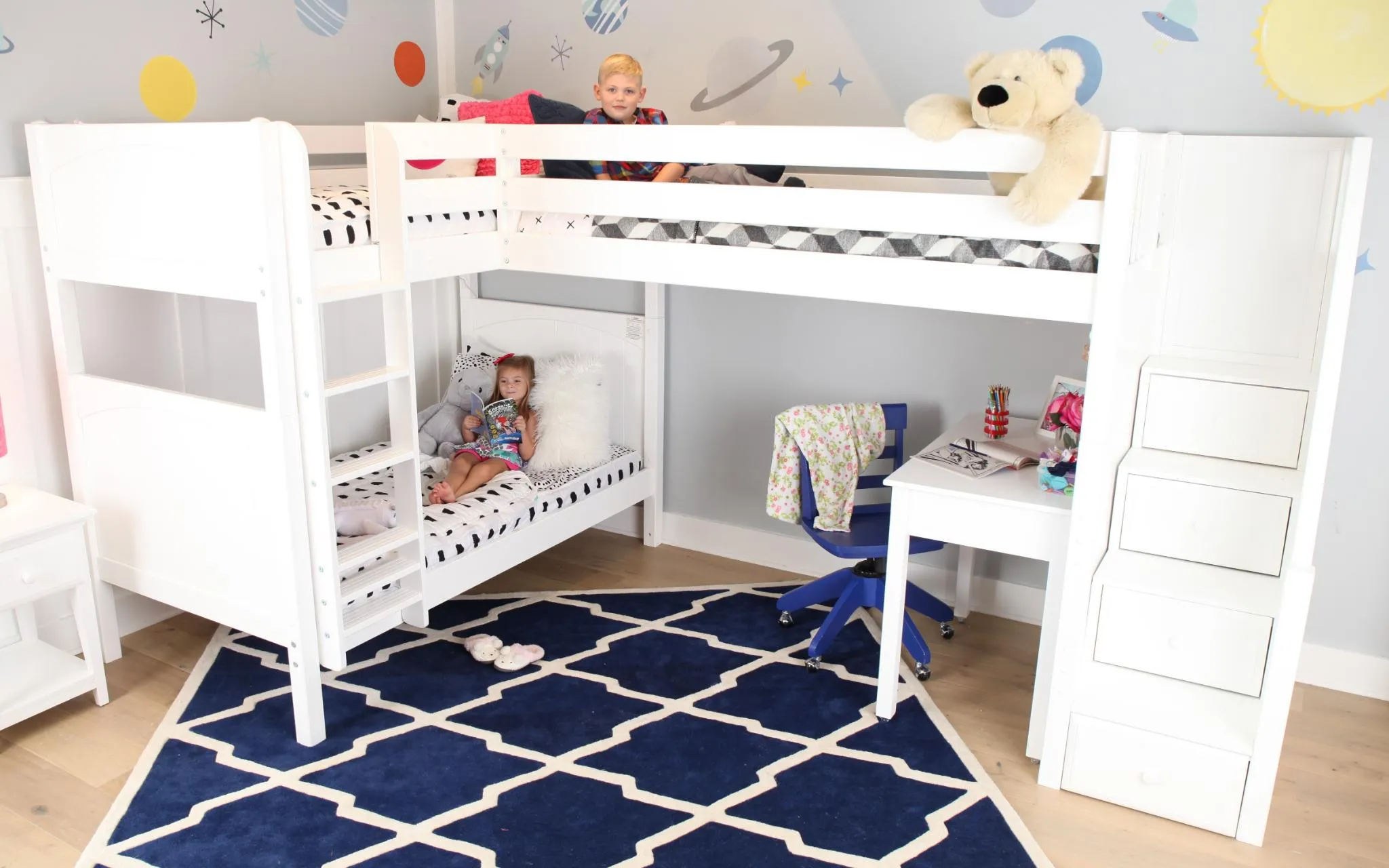 Maxtrix Twin High Corner Loft Bunk Bed with Ladder   Stairs - R