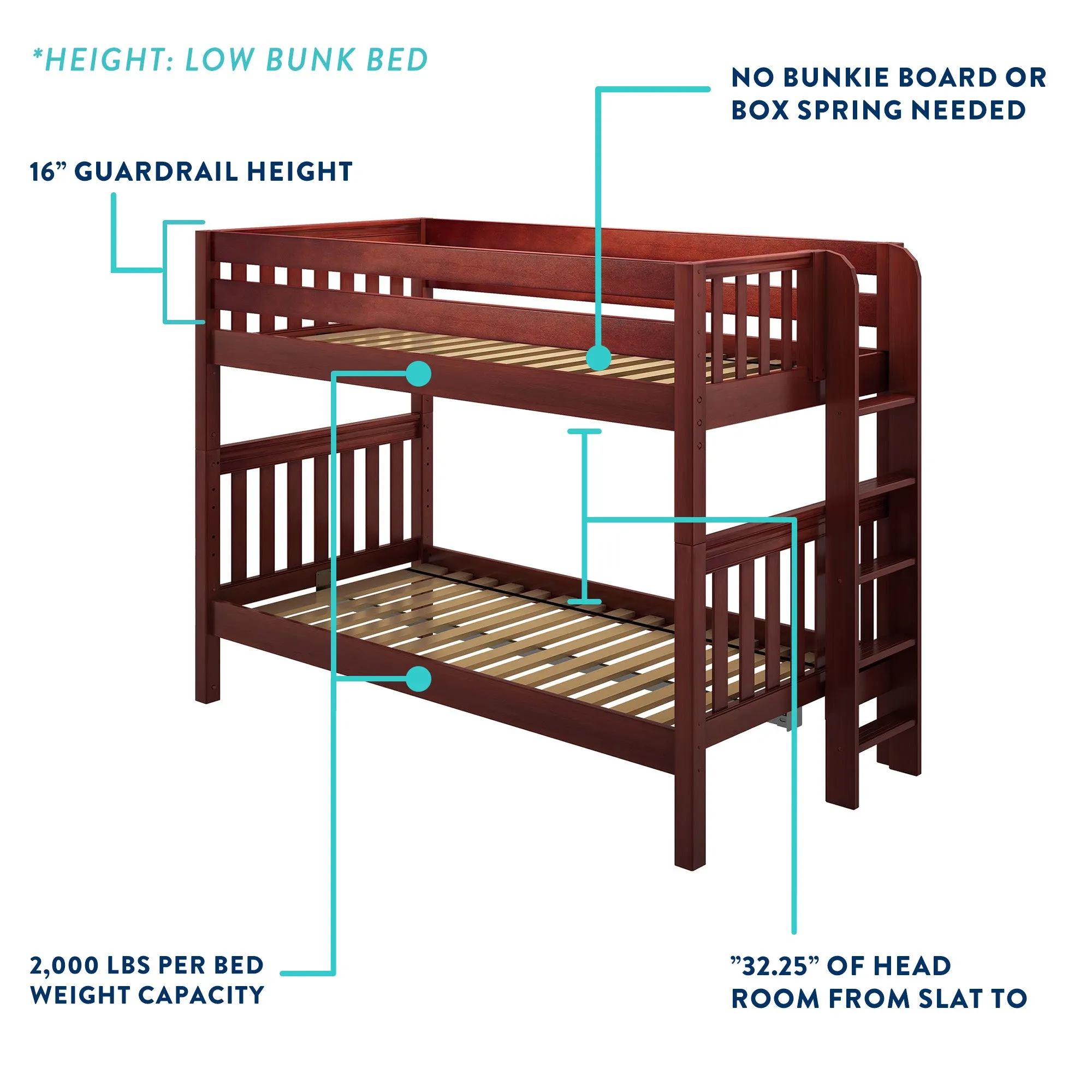 Maxtrix Twin XL Low Bunk Bed with Straight Ladder on Front
